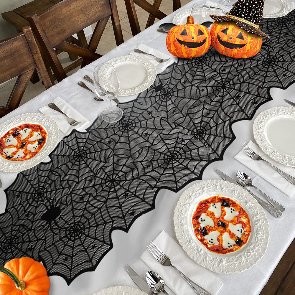 Table Runner, Black Lace Spider Web Table for Halloween Table Creepy Table Cloth