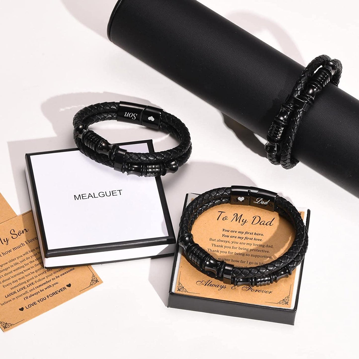 Premium Genuine Leather Bracelet for Dad Son Handsome Black Stainless Steel Magnetic Clasp Bracelet for Father's Day Gift