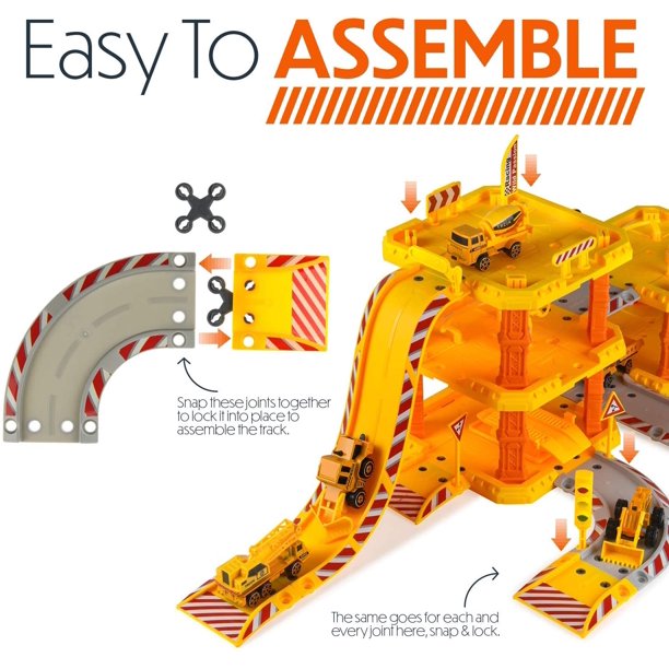 Yellow Construction Toys Cars Playsets with Garage Track 6 Construction Trucks Vehicles 2 Little Construction Workers 1 Helicopter Best Gift for Boys Kids