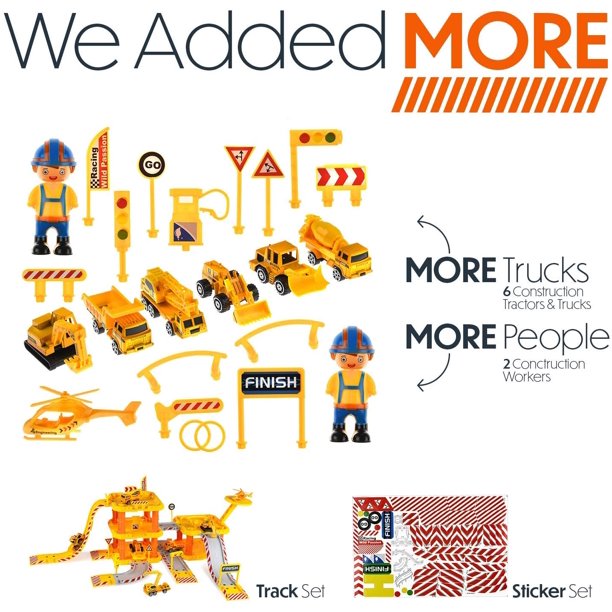 Yellow Construction Toys Cars Playsets with Garage Track 6 Construction Trucks Vehicles 2 Little Construction Workers 1 Helicopter Best Gift for Boys Kids
