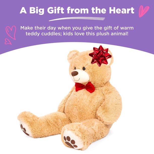 38in Giant Soft Plush Teddy Bear w/ Bow Tie, Footprints - Brown