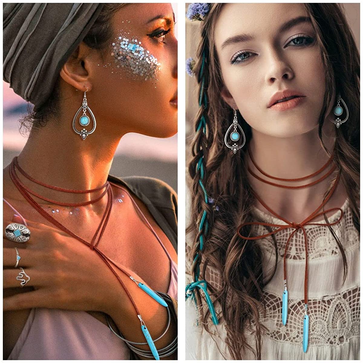 Bohemian Turquoise Pendant Suede Long Choker Necklace Vintage Dangle Earrings Boho Cuff Bracelet with Stackable Knuckle Rings Set