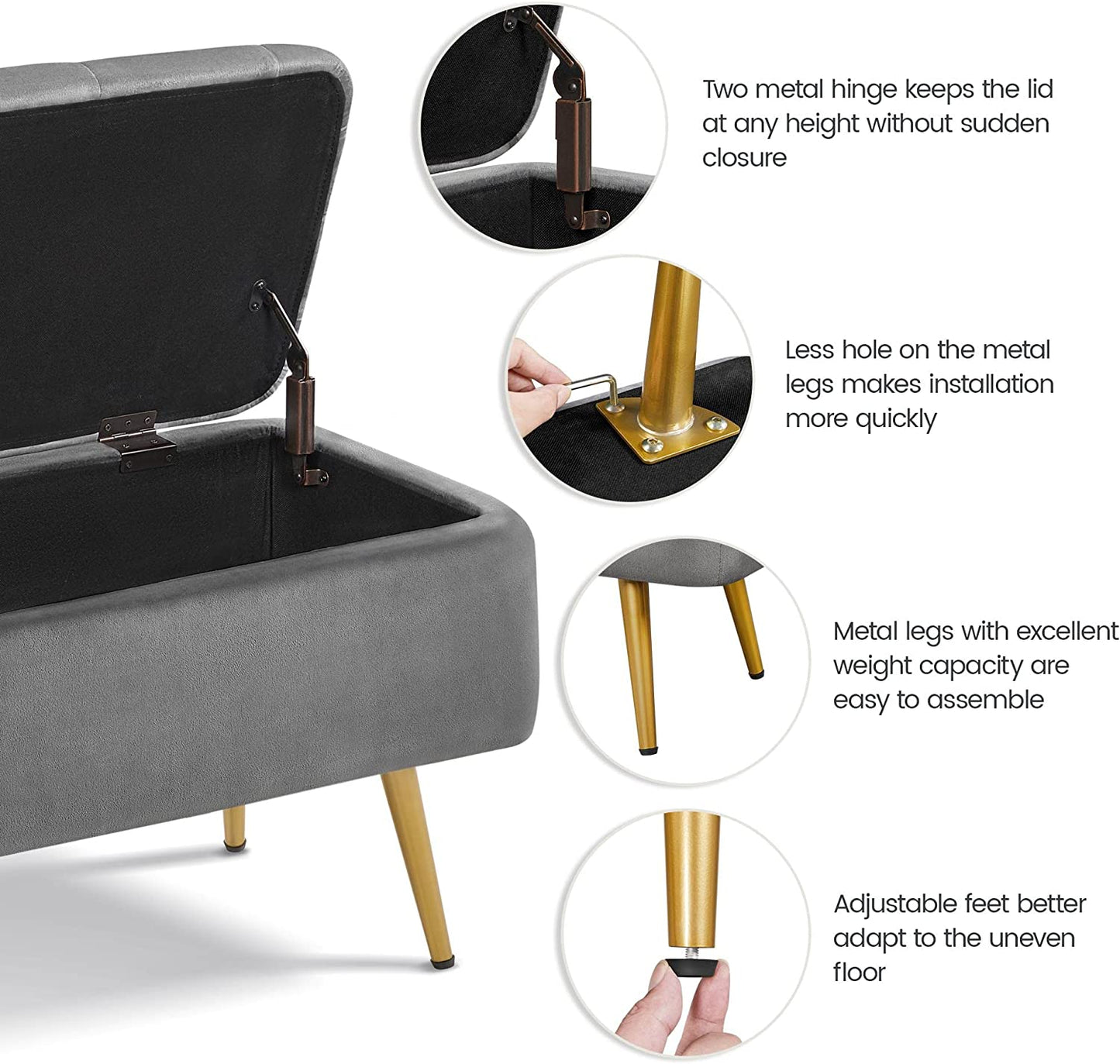 Folding Storage Ottoman Bench 42.7 Inches -Gray
