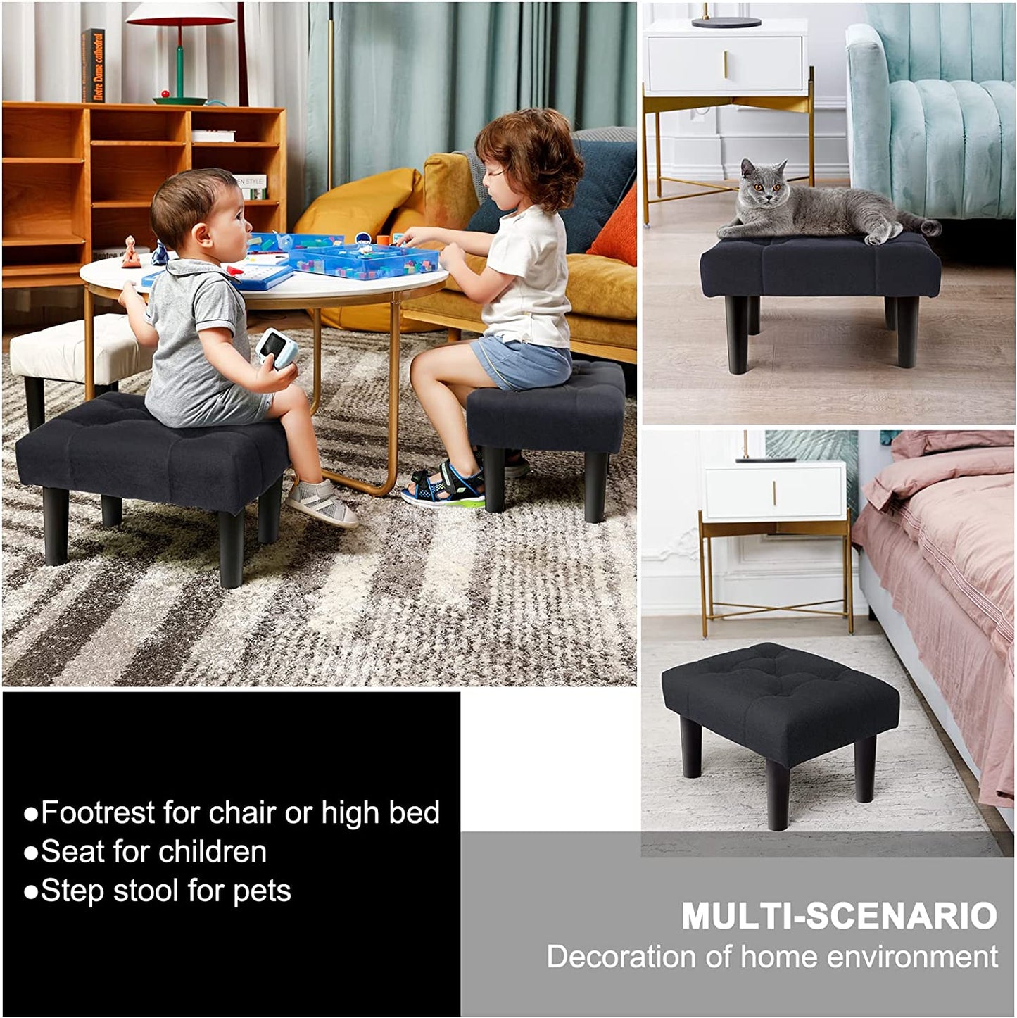 Small Footstool Ottoman,Velvet Soft w/ Wood Legs,Sofa Footrest Extra Seating for Living Room (Black 1PACK)