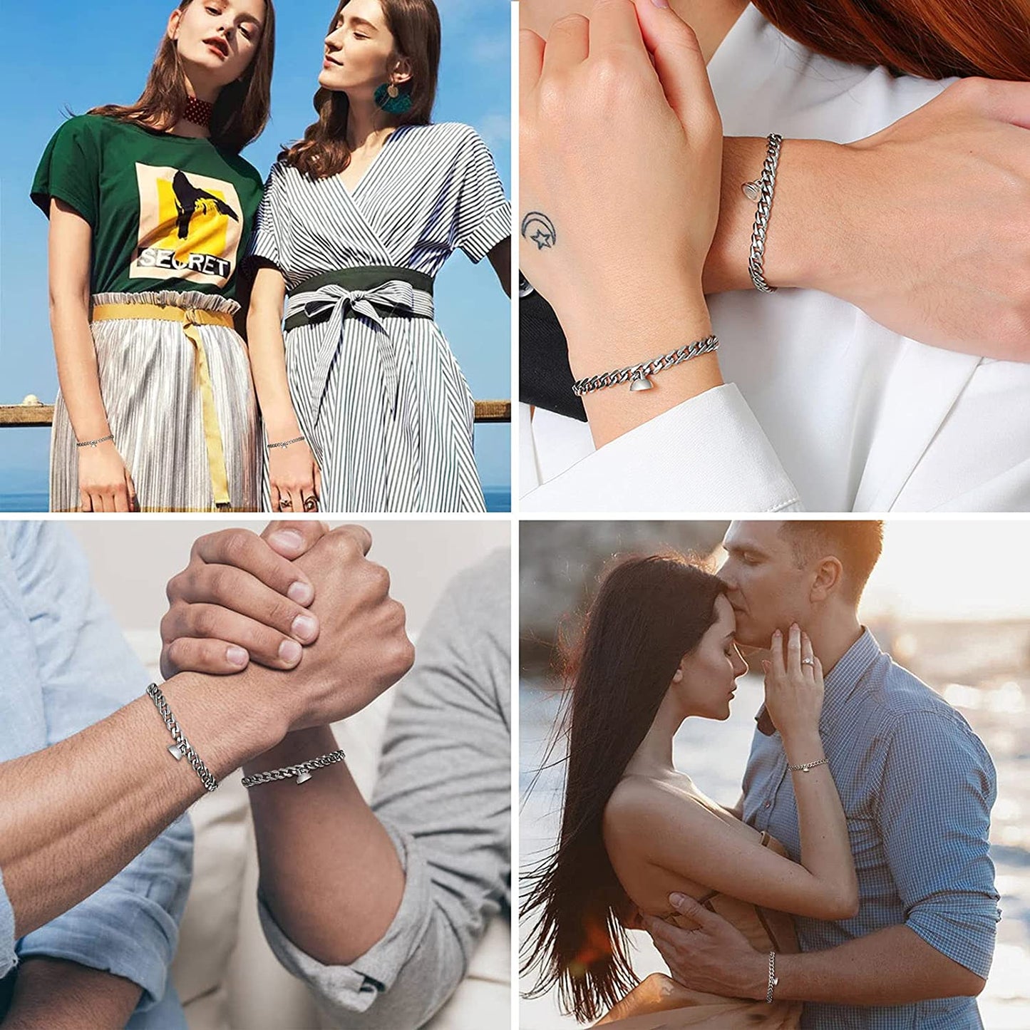 2pcs/Set Couple Bracelet Matching Bracelet, Stainless Steel Cuban/ Figaro Chain 7" & 8.25"