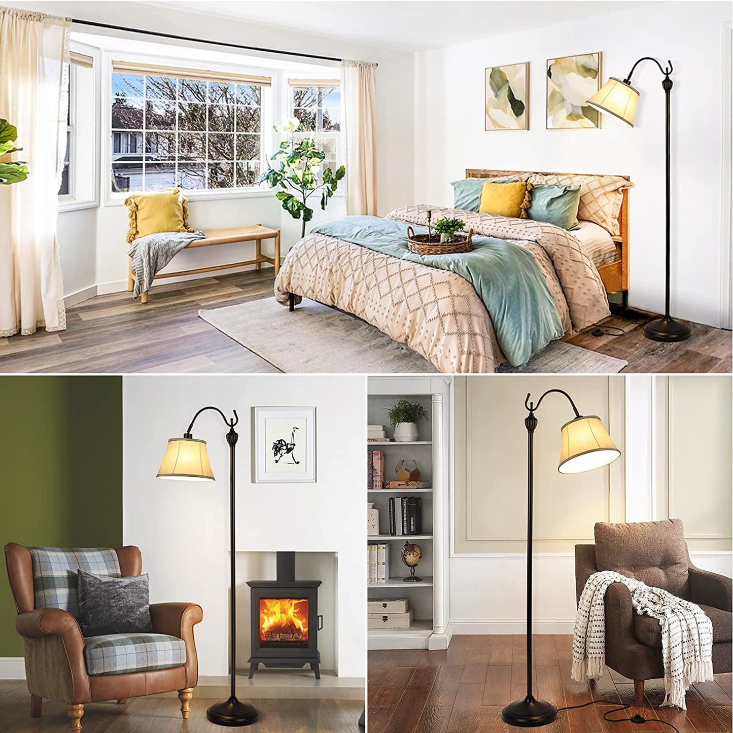 Floor Lamps for Living Room, Tall Standing Lamp with Shade, LED Farmhouse Pole Vintage, Black