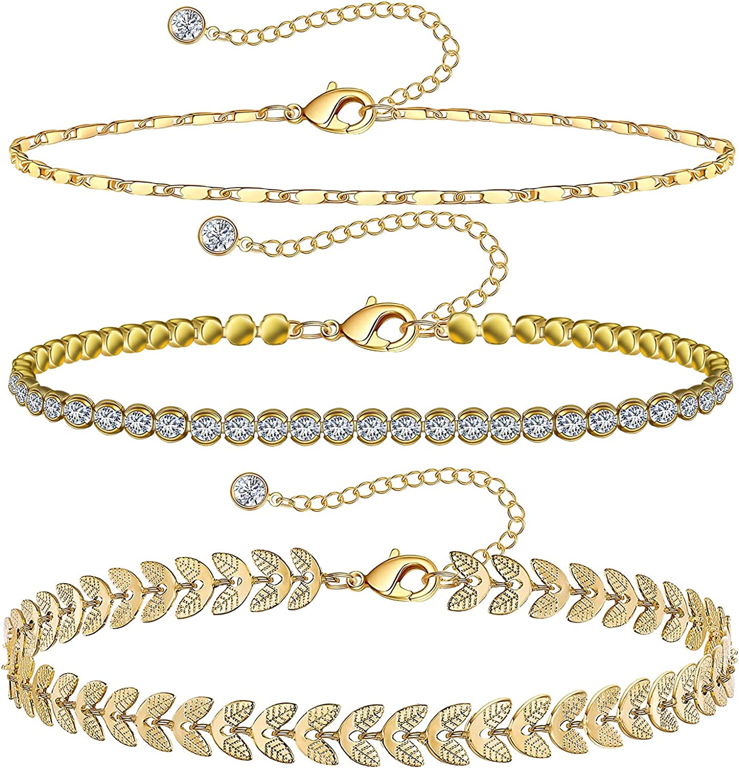 Gold Ankle Bracelets for Women 14k Gold Plated Layered Set 3Pcs, A-Yellow Gold-Tennis