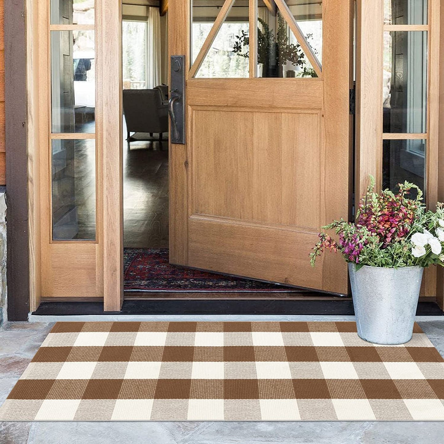 Christmas Buffalo Plaid Outdoor Rug Runner 24"x51" Checkered Brown and White