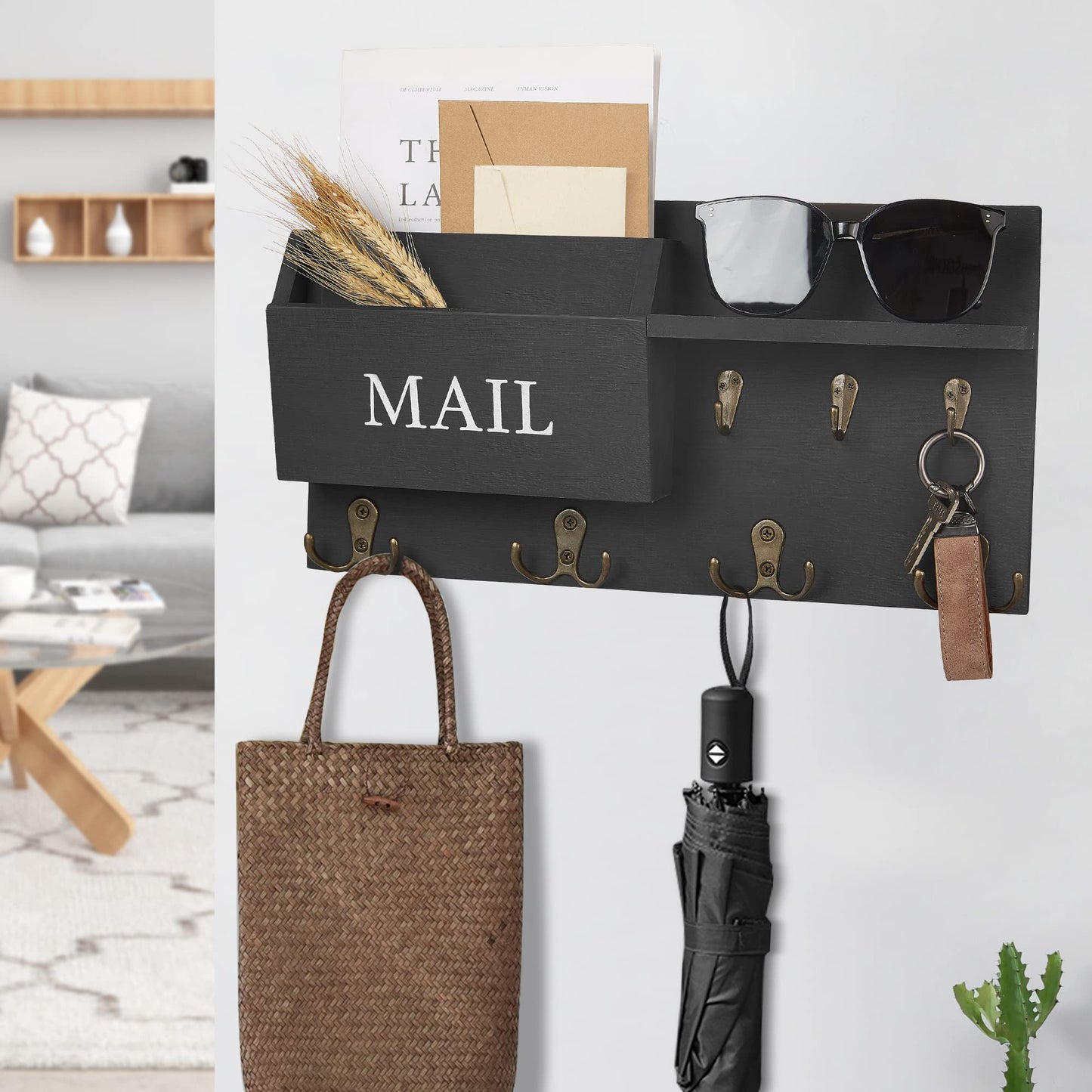 Key Holder for Wall, Mail and Key Hanger Wall Mount with Double Key Hook and Hat Coat Rack Shelf