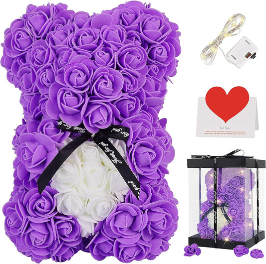Rose Bear with Box, Artificial Flowers Rose Teddy Bear with Greeting Card,
