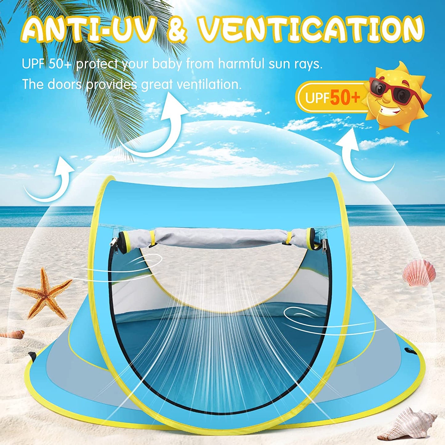 Large Pop Up Beach Tent Sun Shade for Beach,Portable Baby Travel Tent w/ Mosquito Net UPF 50+ UV Protection