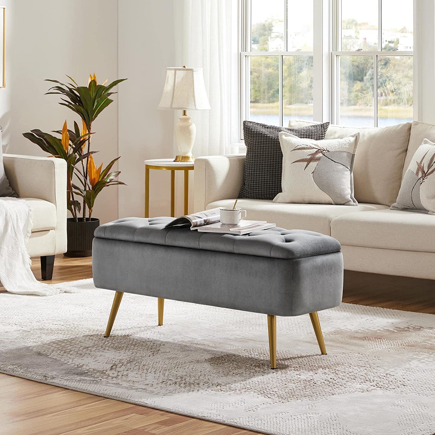 Folding Storage Ottoman Bench 42.7 Inches -Gray