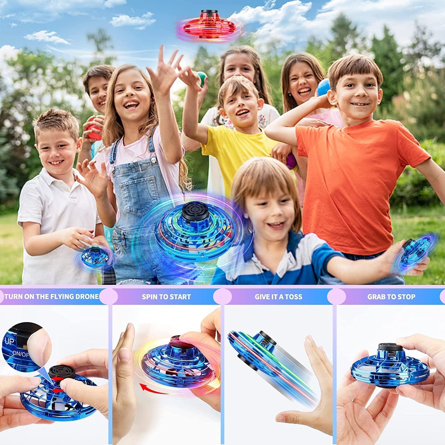 Flying Spinner Mini UFO Drone, Hand Controlled Boomerang Drone, Blue