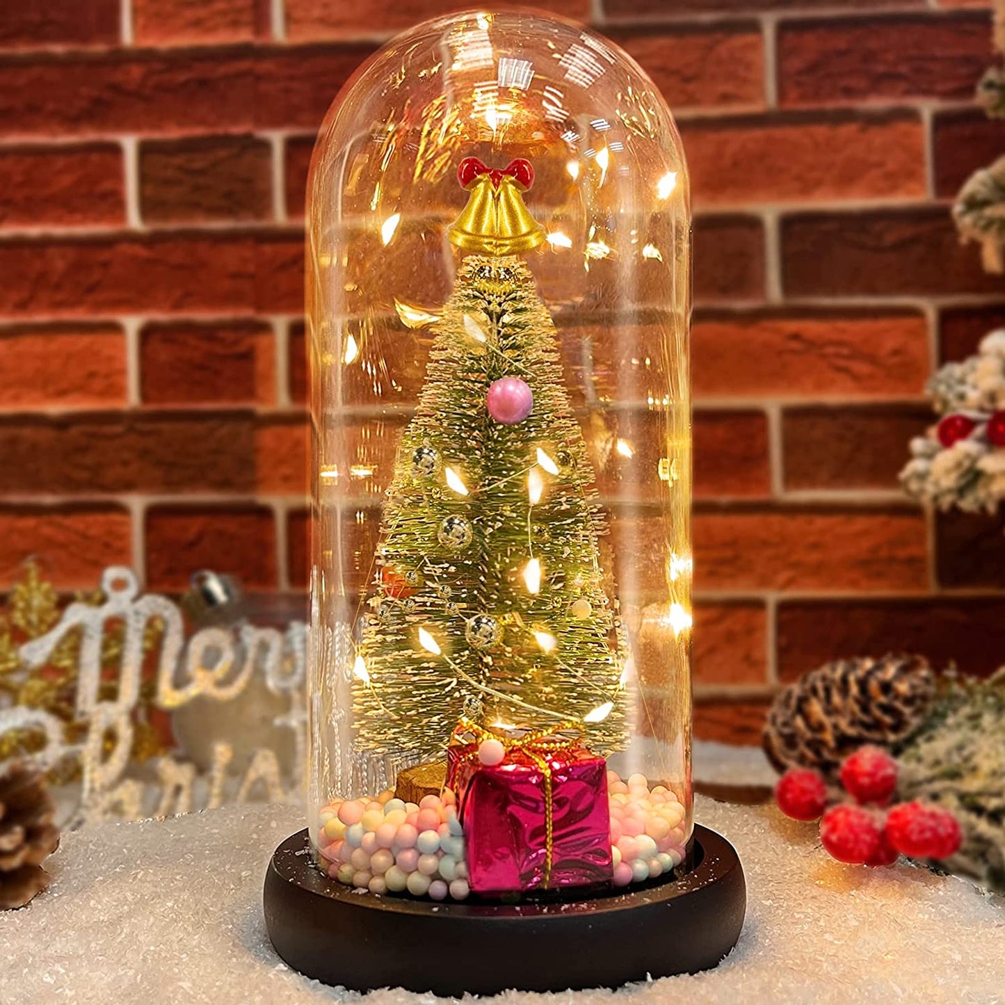 Pre-lit Christmas Tree in Glass Dome Christmas Decoration, Battery Operated