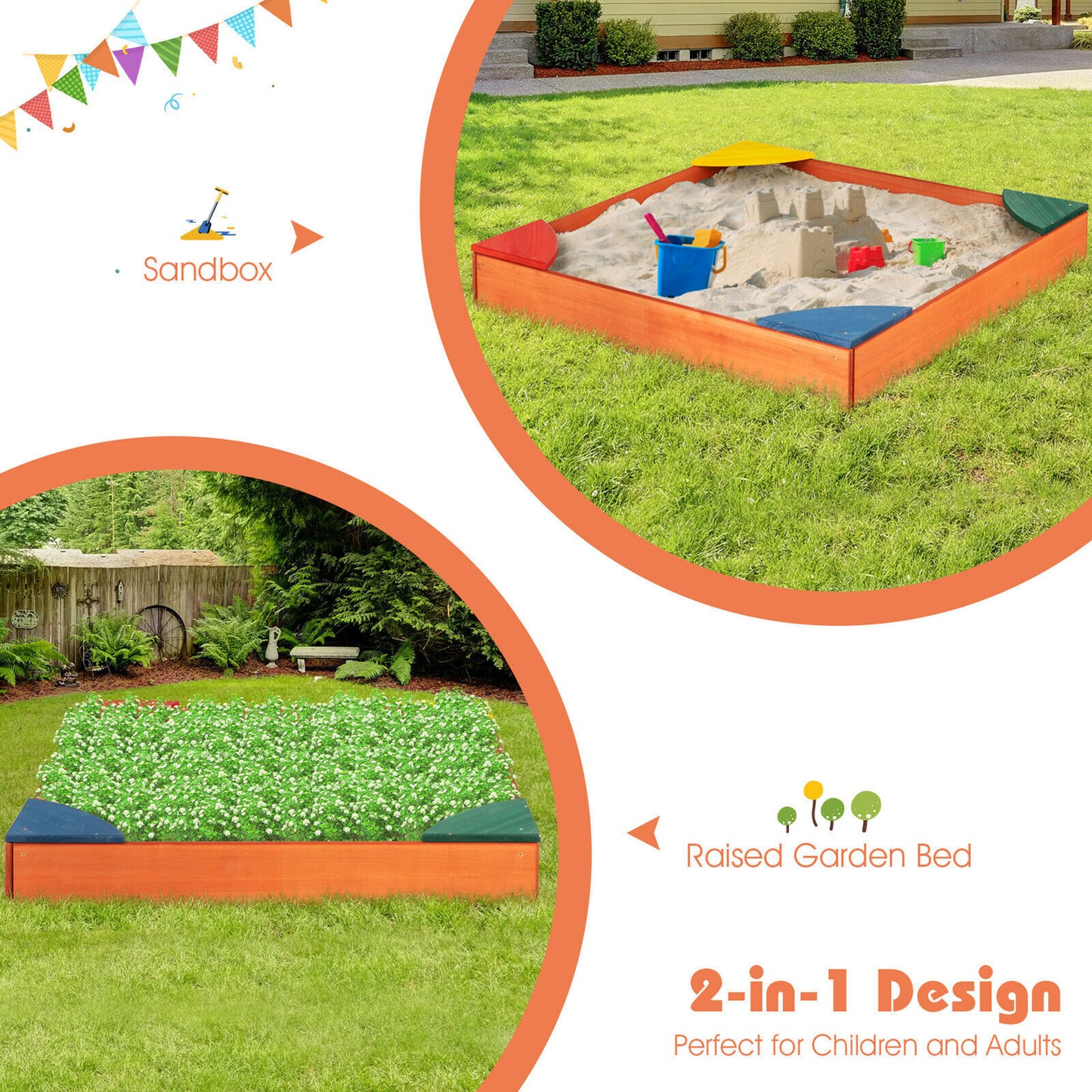 Kids Wooden Backyard Sandbox w/ Built-in Corner Seating