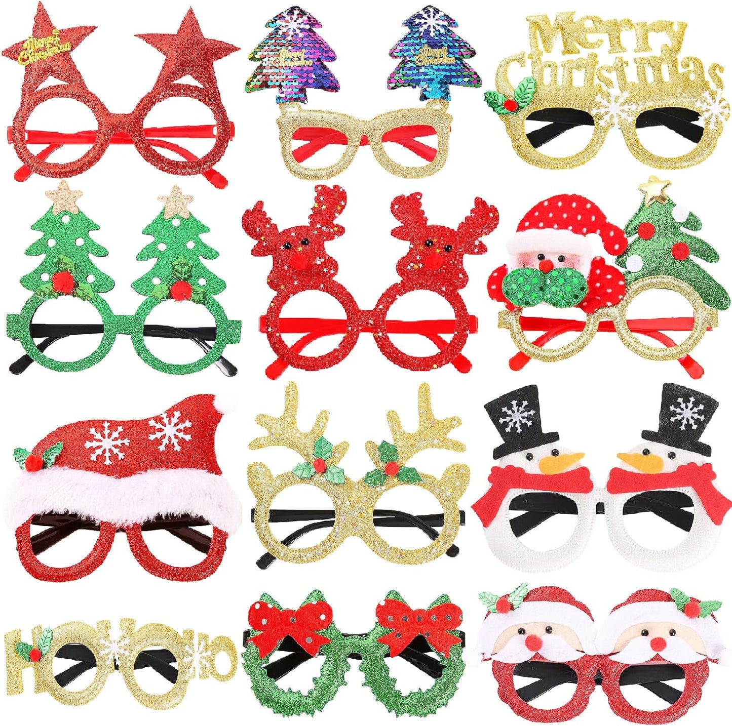12 PCS Christmas Glasses Party Glitter Glasses Frames with 12 Designs, Christmas Decoration Accessories, Costume Eyeglasses for Christmas Parties Holiday Favors, Christmas Ornaments Gift