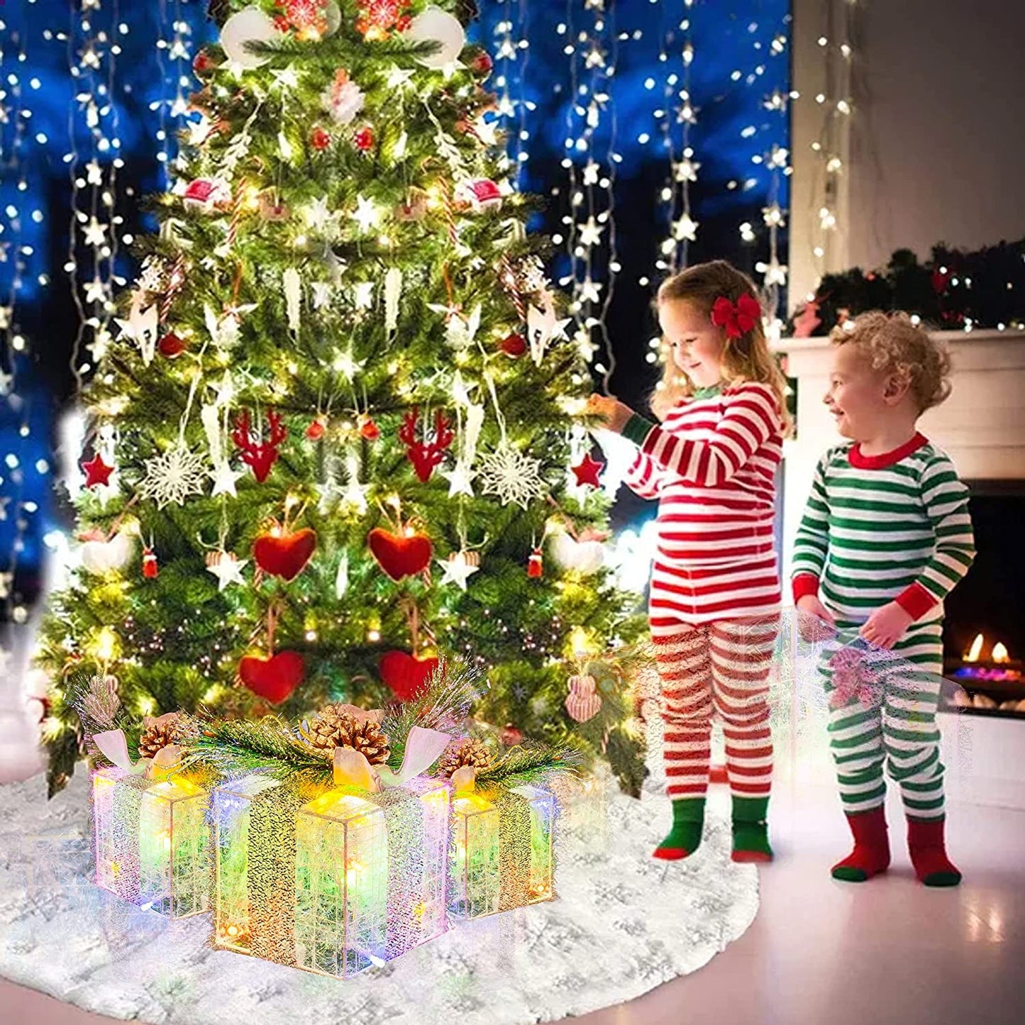 Set of 3 Christmas Lighted Gift Boxes, Pre-lit 60 LED Light Up Present Boxes Ornament Outdoor
