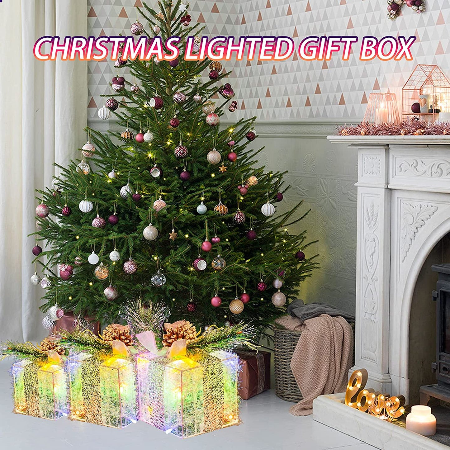 Set of 3 Christmas Lighted Gift Boxes, Pre-lit 60 LED Light Up Present Boxes Ornament Outdoor