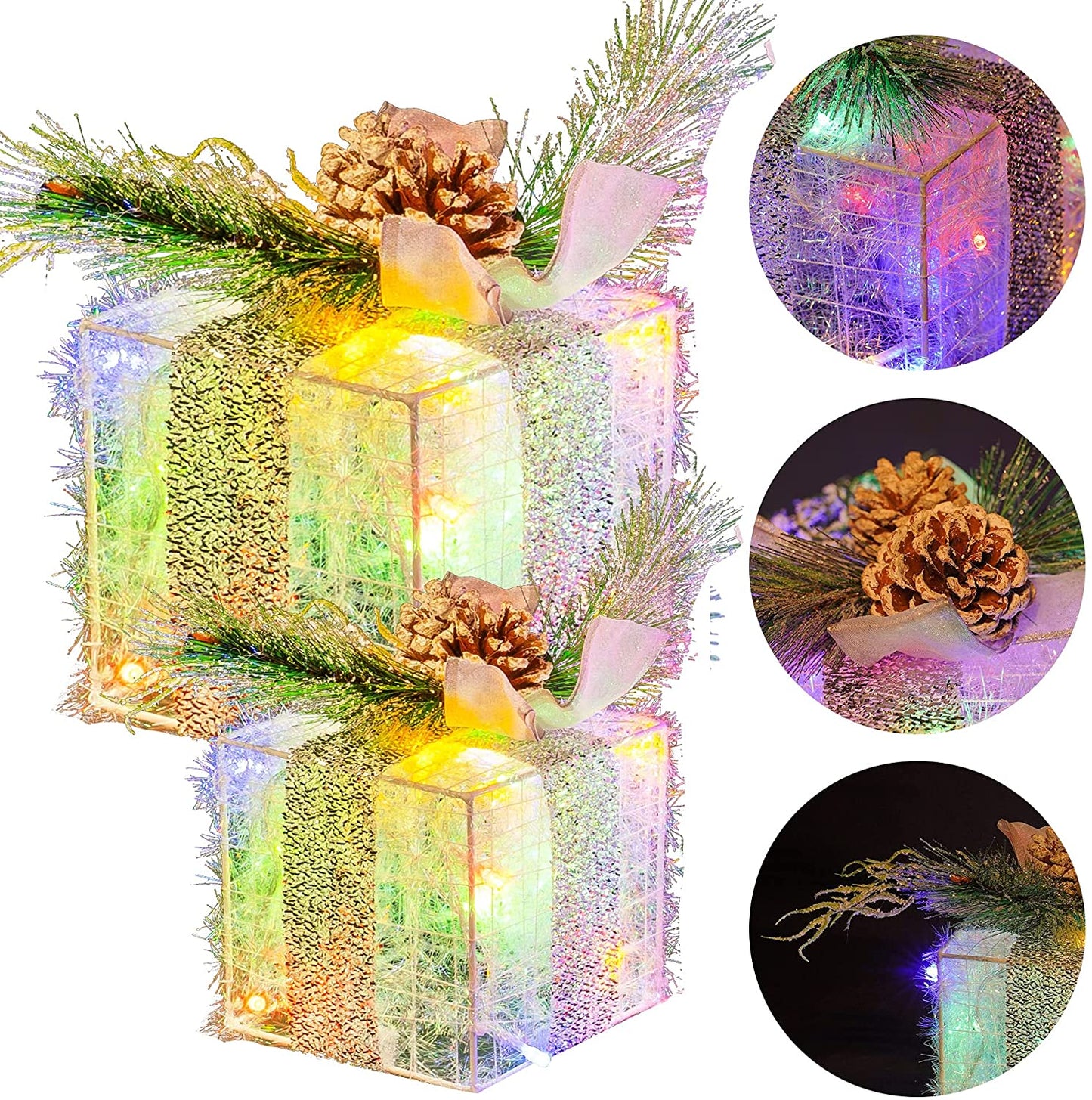 Set of 3 Christmas Lighted Gift Boxes, Pre-lit 60 LED Light Up Present Boxes Ornament Outdoor
