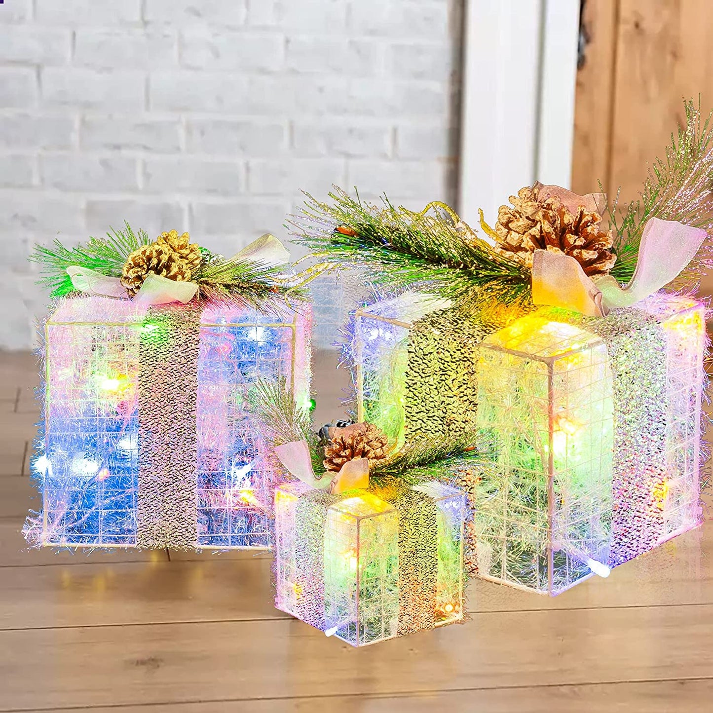 Set of 3 Christmas Lighted Gift Boxes, Pre-lit 60 LED Light Up Present Boxes Ornament Outdoor