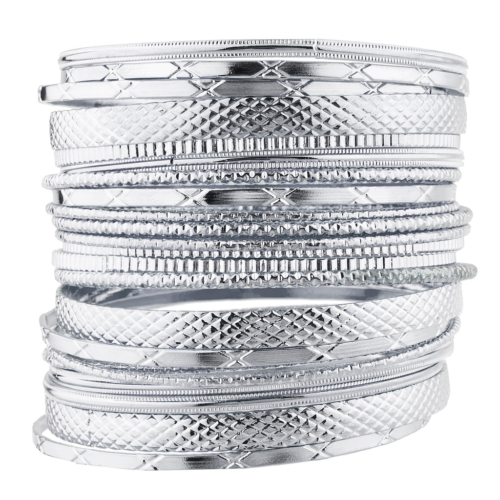 SilverTone Metal Casted Etched Boho Bracelet Bangle Set for Women