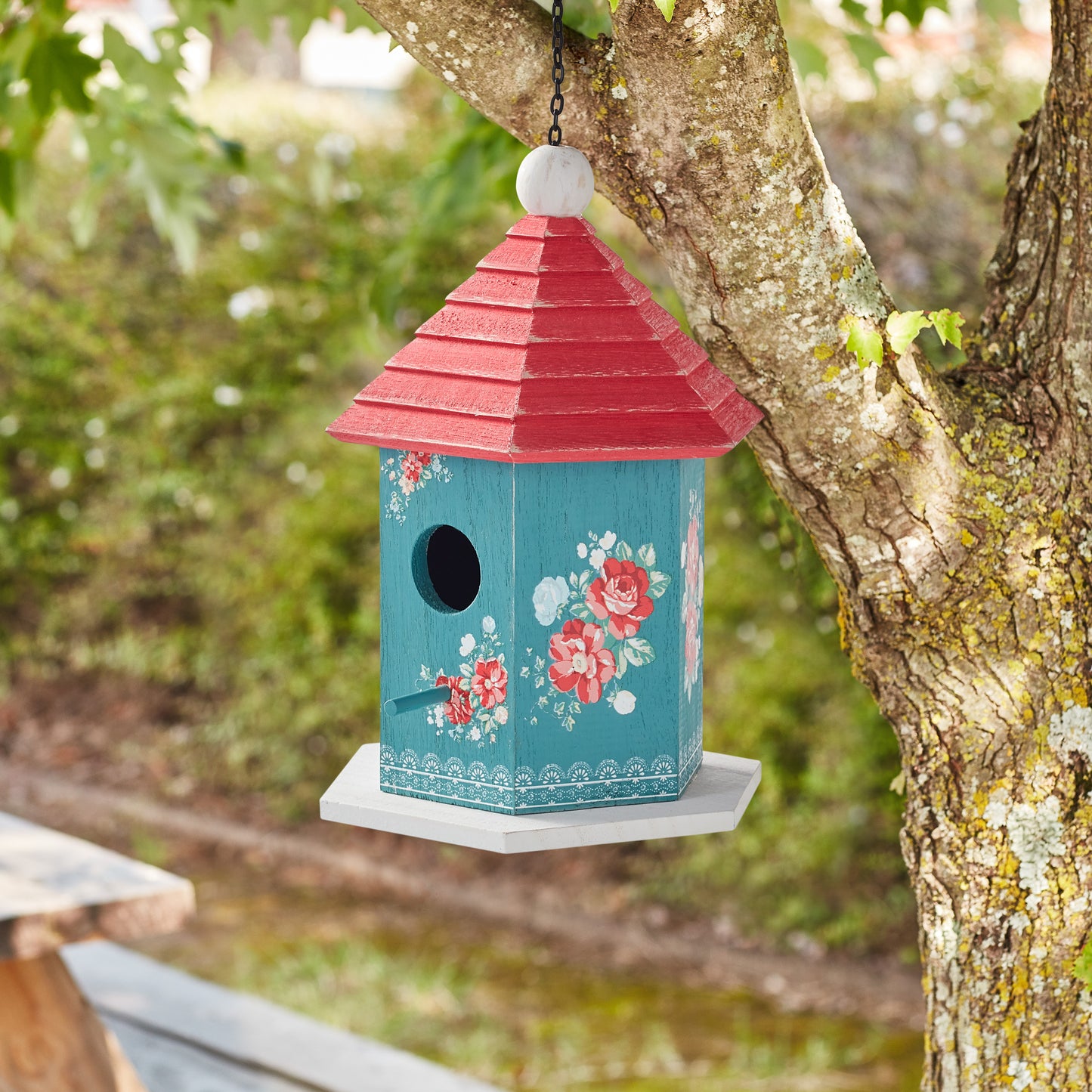 Multi-Color Vintage Floral Wood Birdhouse w/ Removable Roof