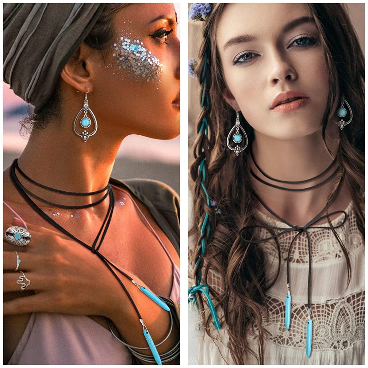 Bohemian Turquoise Pendant Suede Long Choker Necklace Vintage Dangle Earrings Boho Cuff Bracelet with Stackable Knuckle Rings Set