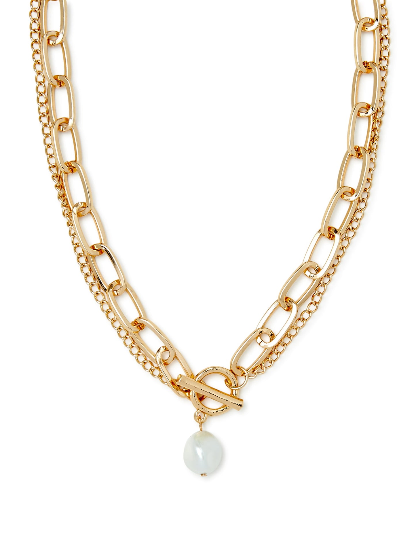 Women’s 14K Gold Flash-Plated Double Chain Link Faux Pearl Toggle Necklace