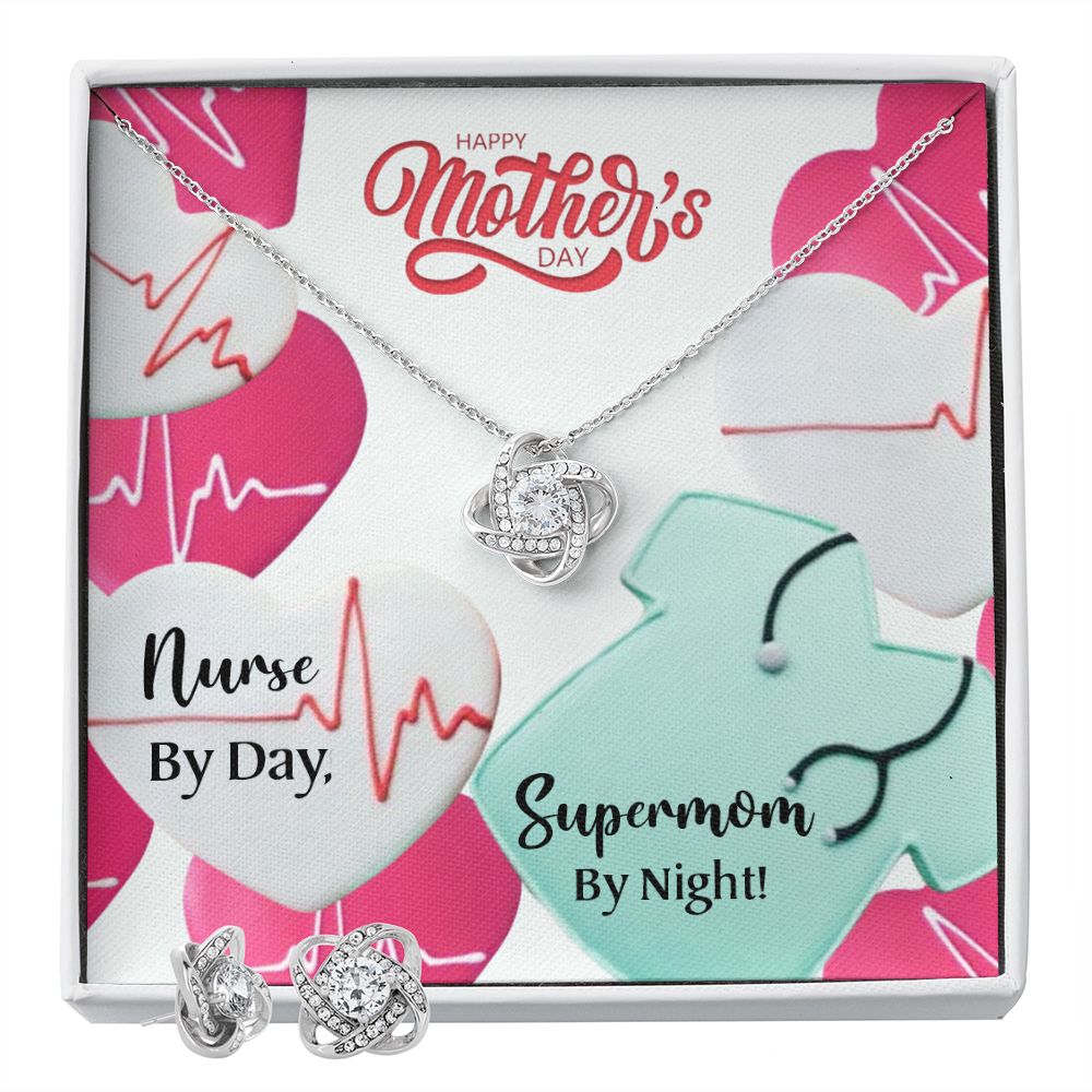 Happy Mothers day Nurse supermom Love Knot Earring & Necklace Set