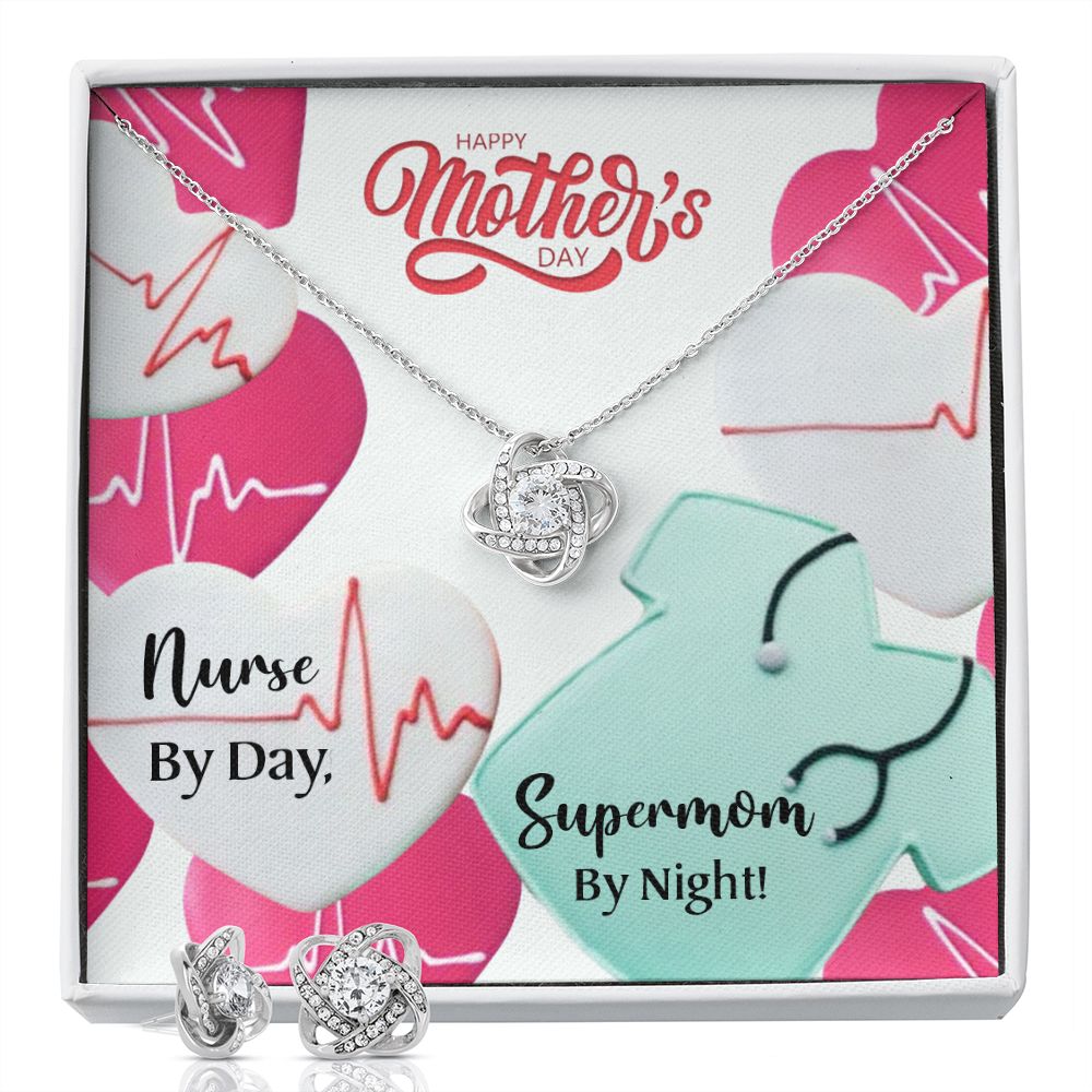 Happy Mothers day Nurse supermom Love Knot Earring & Necklace Set
