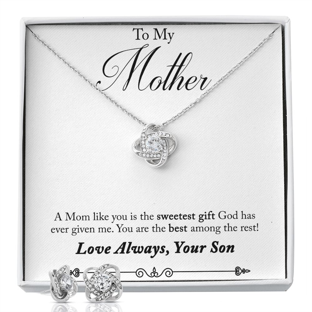 To My Mother Sweetest Gift Love Knot Earring & Necklace Set