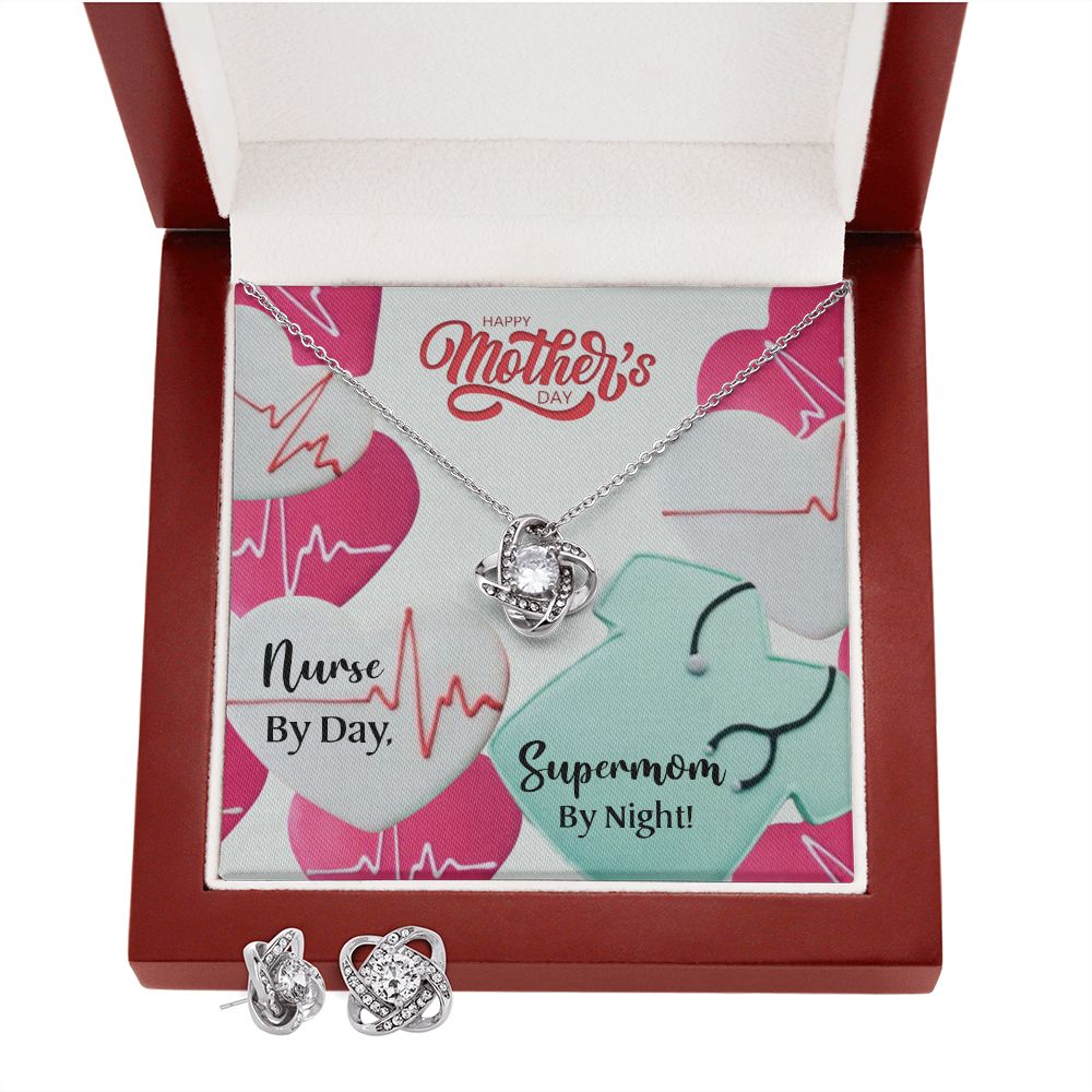 Happy Mothers day Nurse supermom Love Knot Earring & Necklace Set