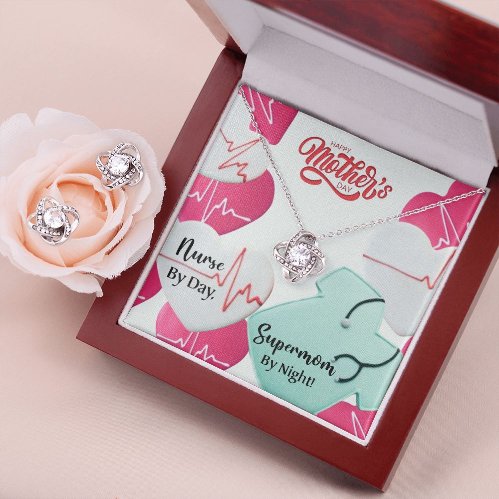 Happy Mothers day Nurse supermom Love Knot Earring & Necklace Set