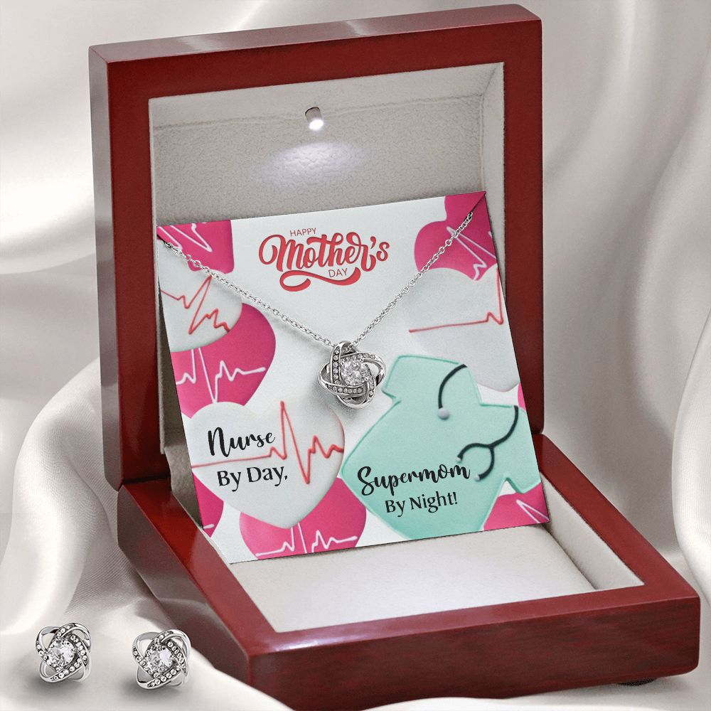 Happy Mothers day Nurse supermom Love Knot Earring & Necklace Set