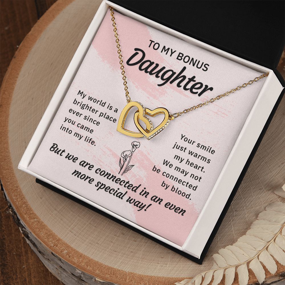 To my bonus daughter-My world is a brighter place Interlocking Hearts necklace