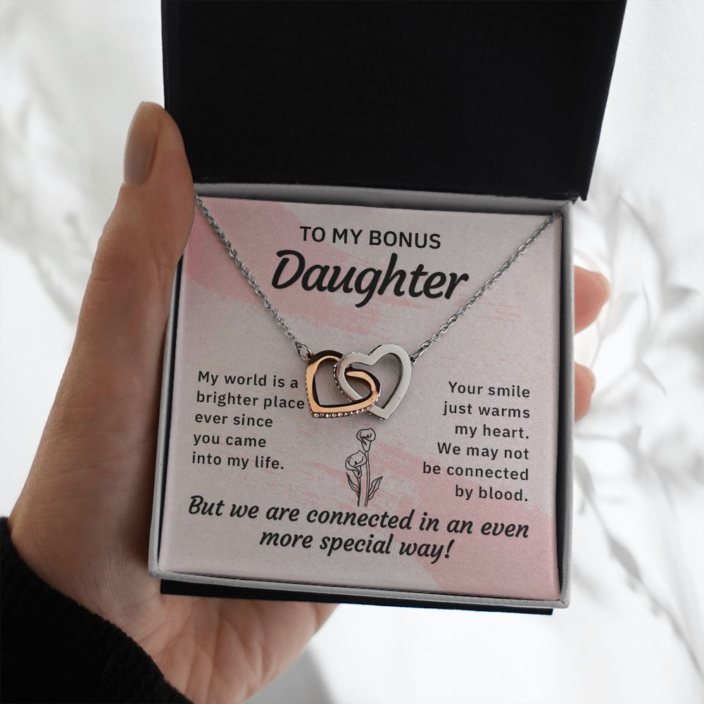 To my bonus daughter-My world is a brighter place Interlocking Hearts necklace
