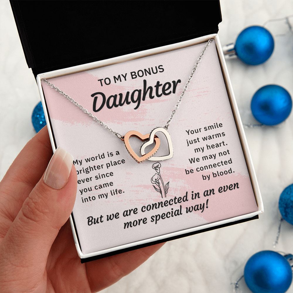 To my bonus daughter-My world is a brighter place Interlocking Hearts necklace
