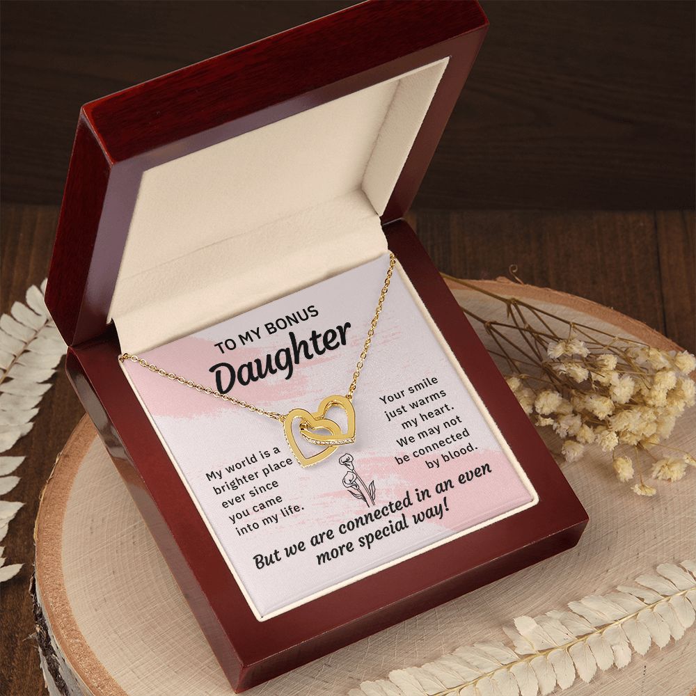 To my bonus daughter-My world is a brighter place Interlocking Hearts necklace