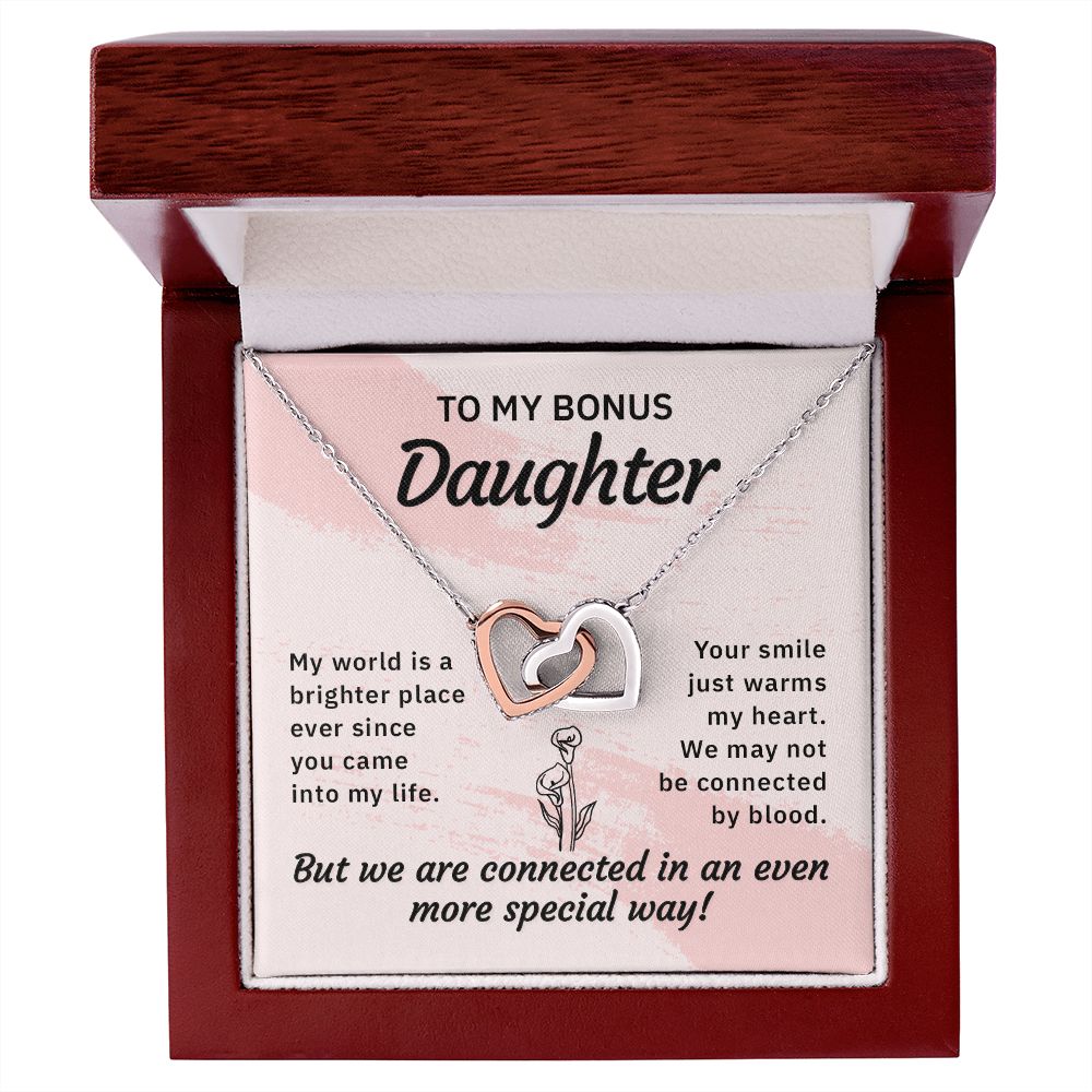 To my bonus daughter-My world is a brighter place Interlocking Hearts necklace