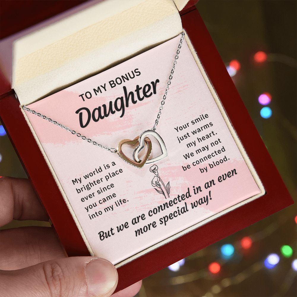 To my bonus daughter-My world is a brighter place Interlocking Hearts necklace