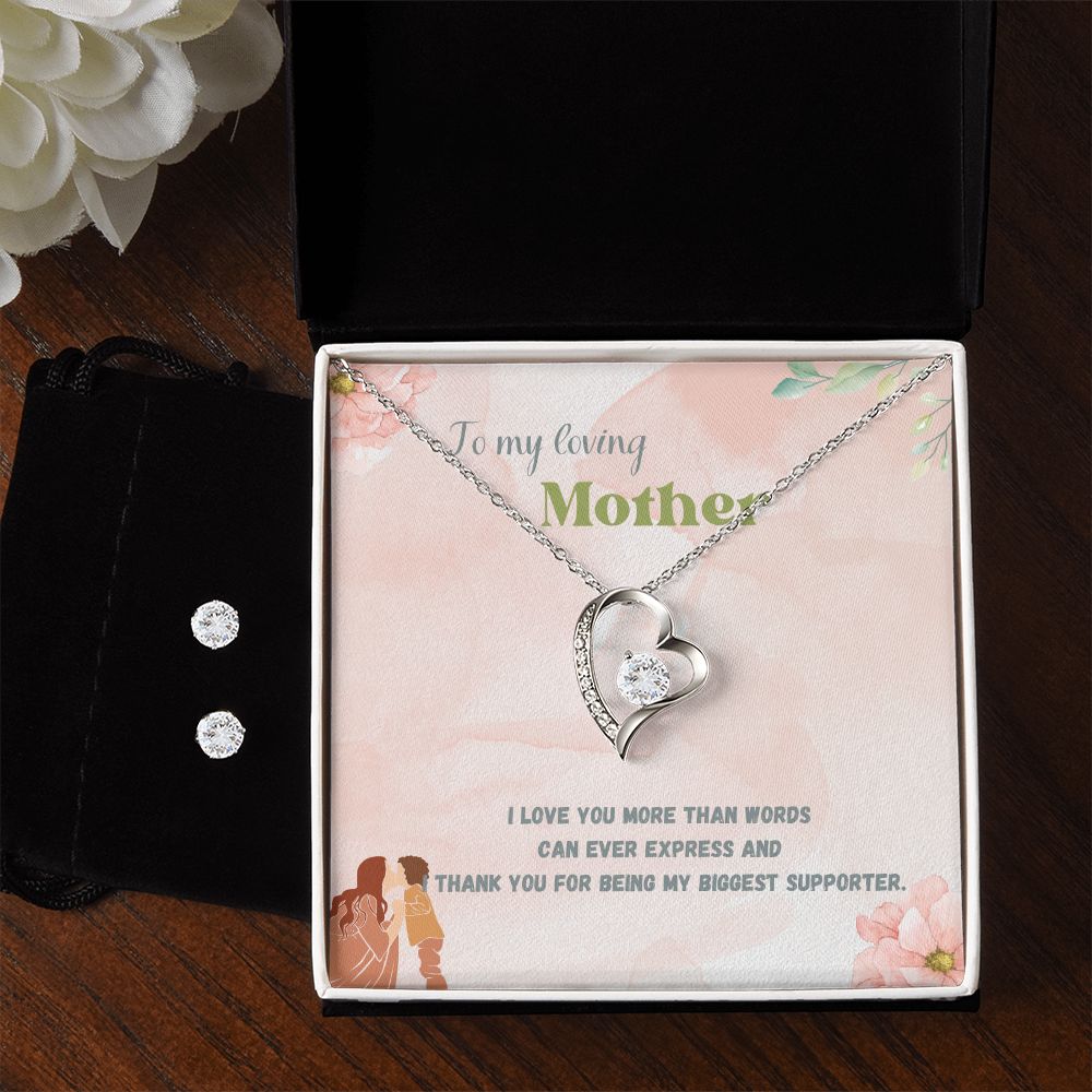To My Loving Mother, I Love you More than Words Forever Love Necklace and Cubic Zirconia Earring Set