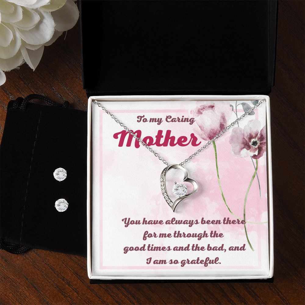 To My Caring Mother Forever Love Necklace and Cubic Zirconia Earring Set