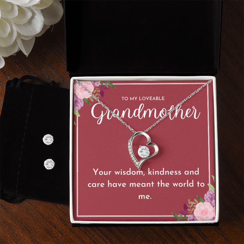 To My Loveable Grandmother- Forever Love Necklace and Cubic Zirconia Earring Set
