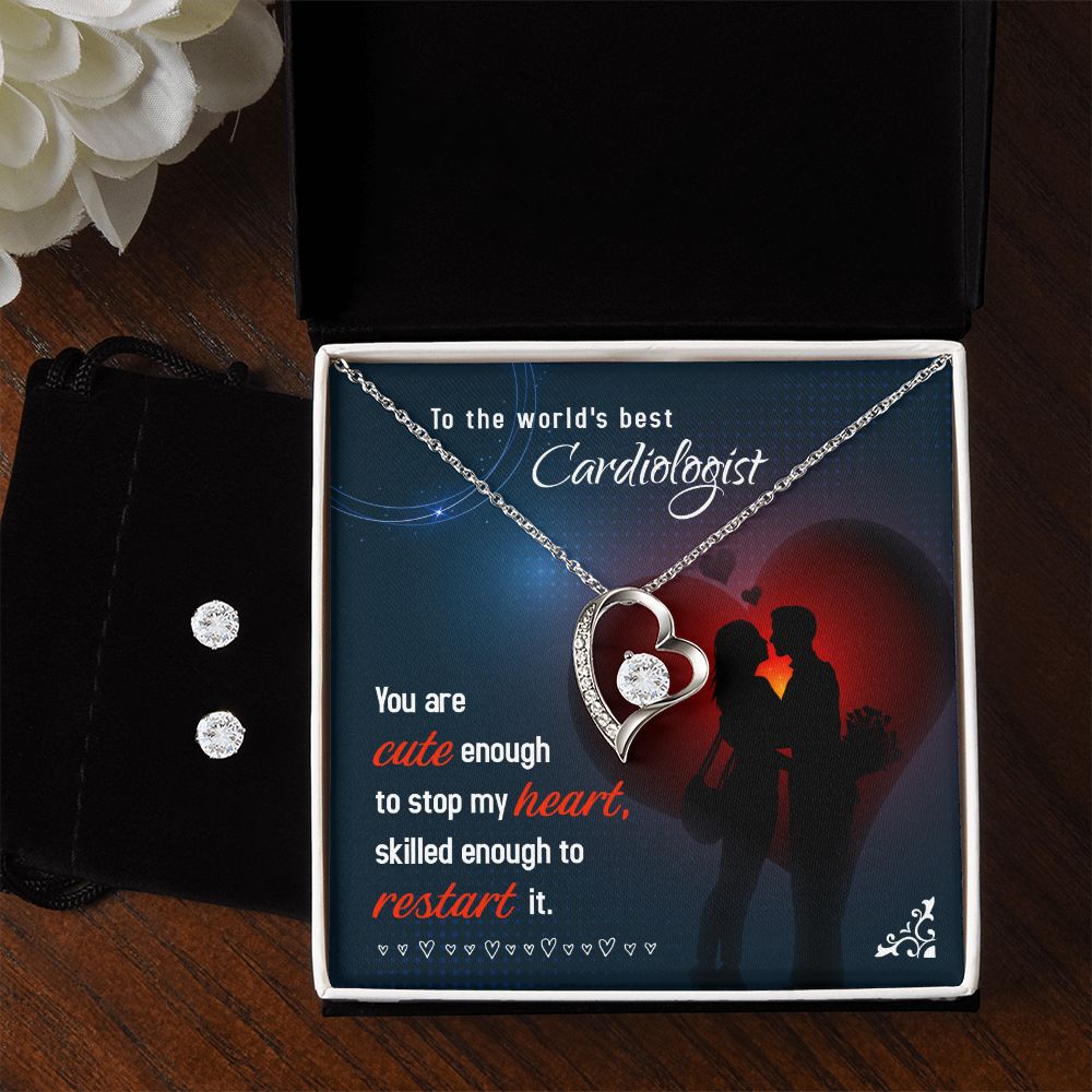 To The world's best Cardiologist Cute enough to stop Forever Love Necklace and Cubic Zirconia Earring Set