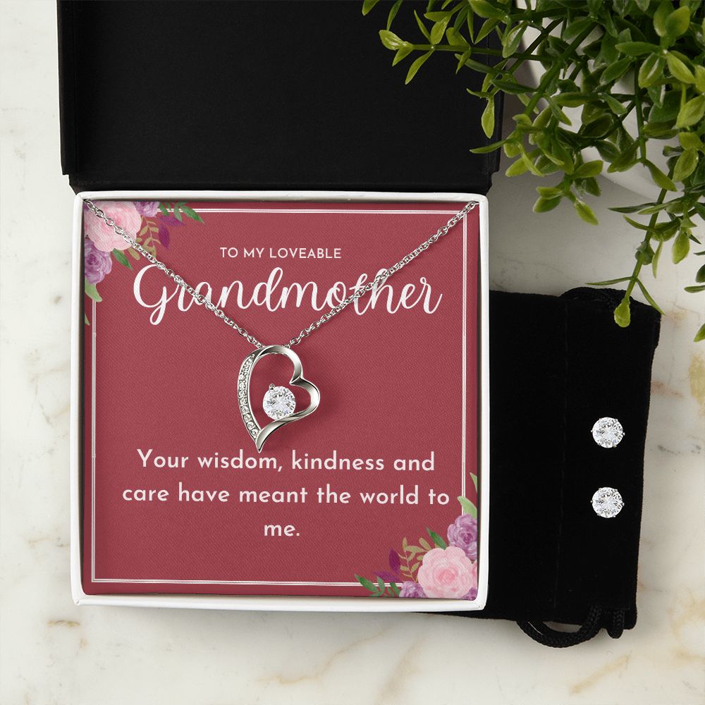 To My Loveable Grandmother- Forever Love Necklace and Cubic Zirconia Earring Set