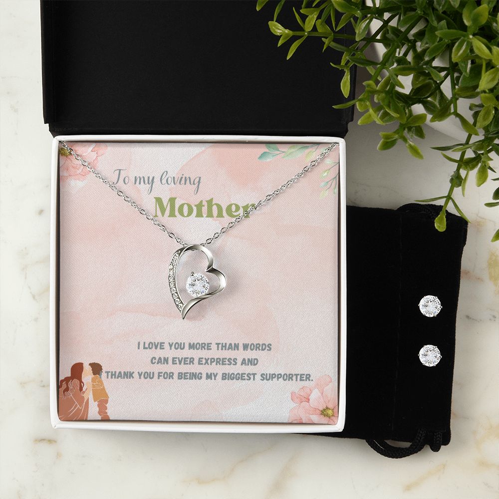 To My Loving Mother, I Love you More than Words Forever Love Necklace and Cubic Zirconia Earring Set