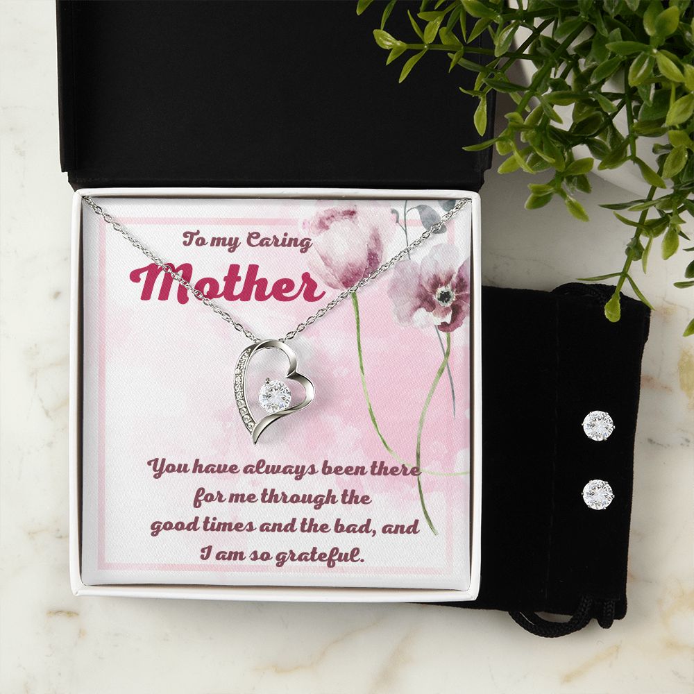 To My Caring Mother Forever Love Necklace and Cubic Zirconia Earring Set