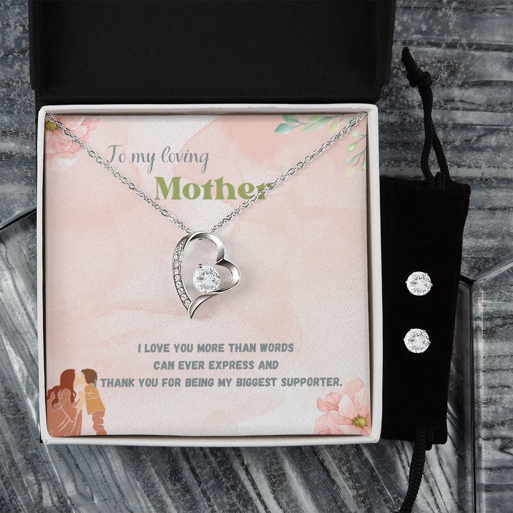 To My Loving Mother, I Love you More than Words Forever Love Necklace and Cubic Zirconia Earring Set