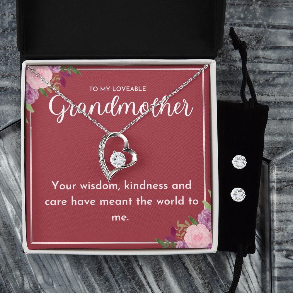 To My Loveable Grandmother- Forever Love Necklace and Cubic Zirconia Earring Set