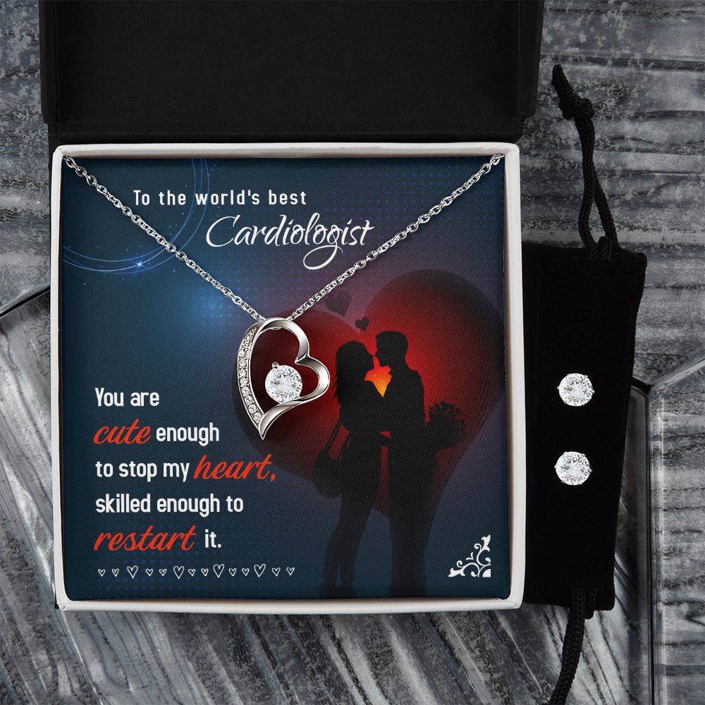 To The world's best Cardiologist Cute enough to stop Forever Love Necklace and Cubic Zirconia Earring Set